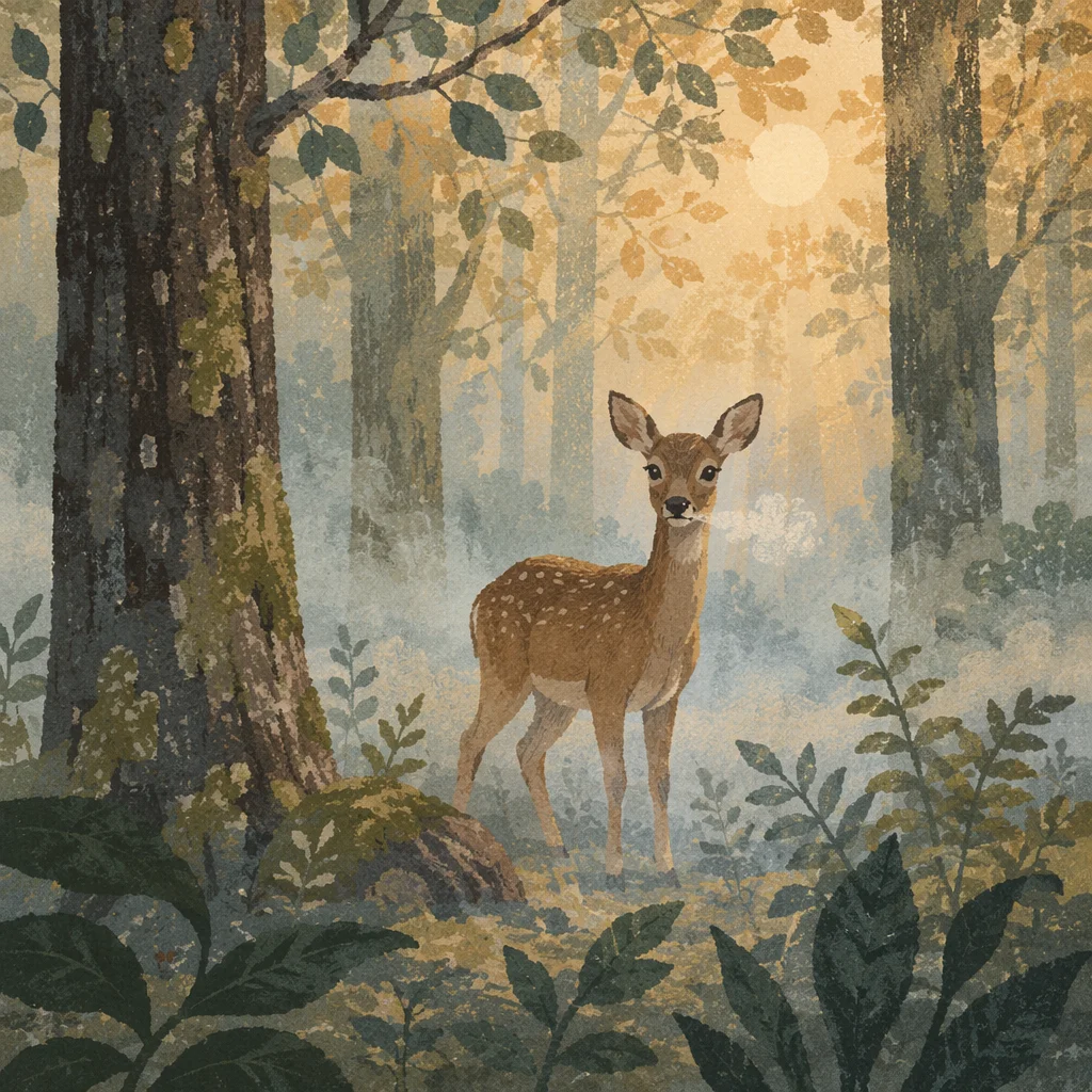 Young Deer in Misty Forest Dawn