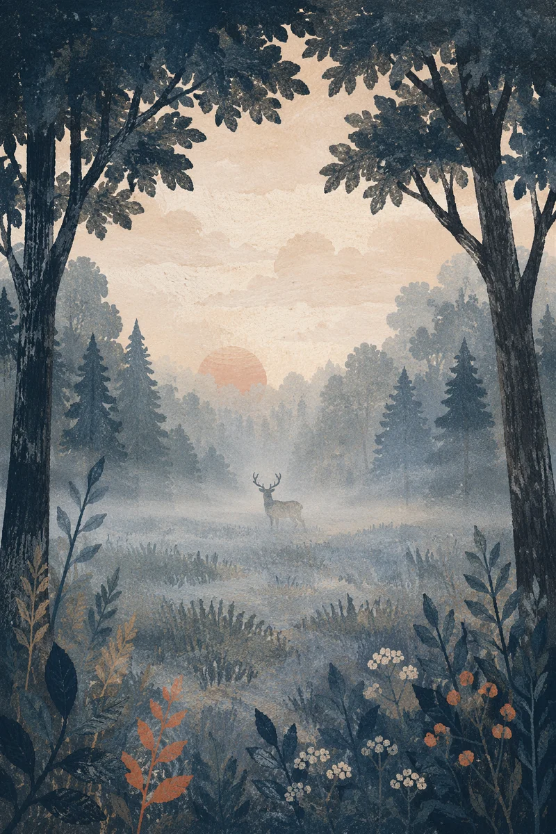 Solitary Deer in Misty Forest Dawn