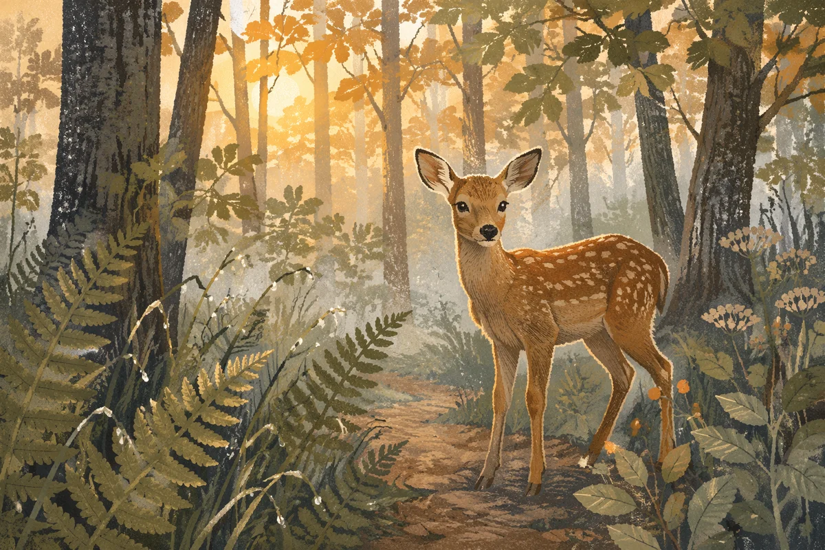 Young Deer in Misty Forest Dawn