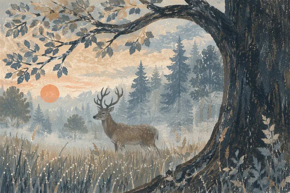 Stag Deer in Misty Forest Dawn