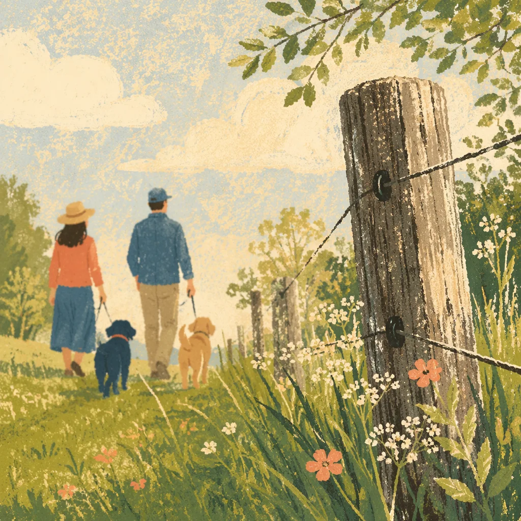 Leashed Dogs Walking Through Sunlit Park Meadow