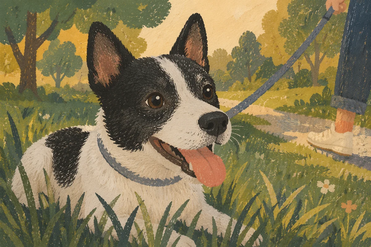 Happy Leashed Dog Resting in Park Grass