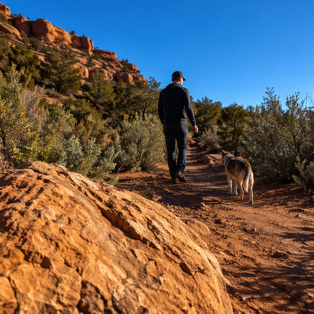 Dog and Owner Walking Desert Park Trail