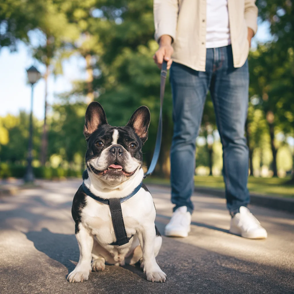 Bulldog Walking With Owner in Sunny Park