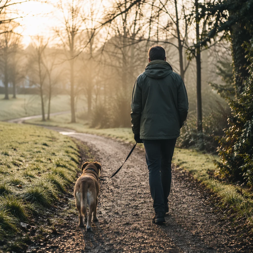 Morning Park Walk With Dog and Owner