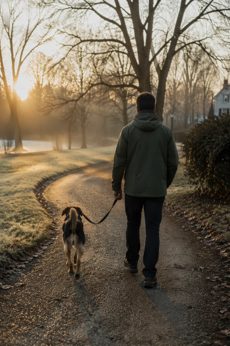 Morning Park Walk with Dog and Owner