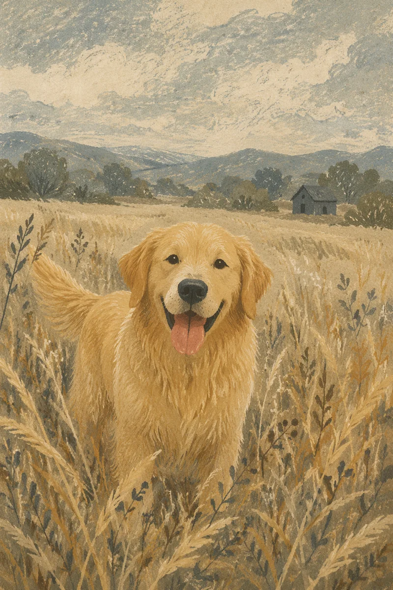 Happy Golden Retriever in Wild Grass Field