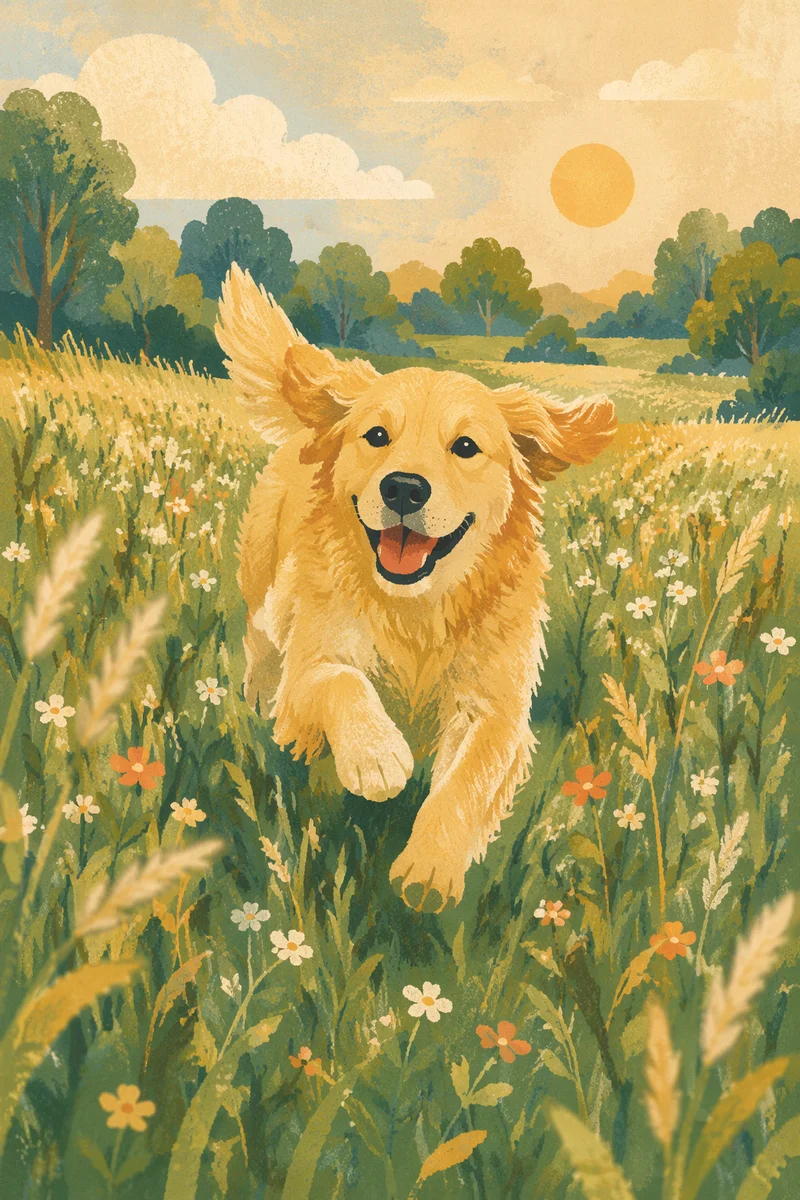 Happy Golden Retriever Running Through Summer Meadow