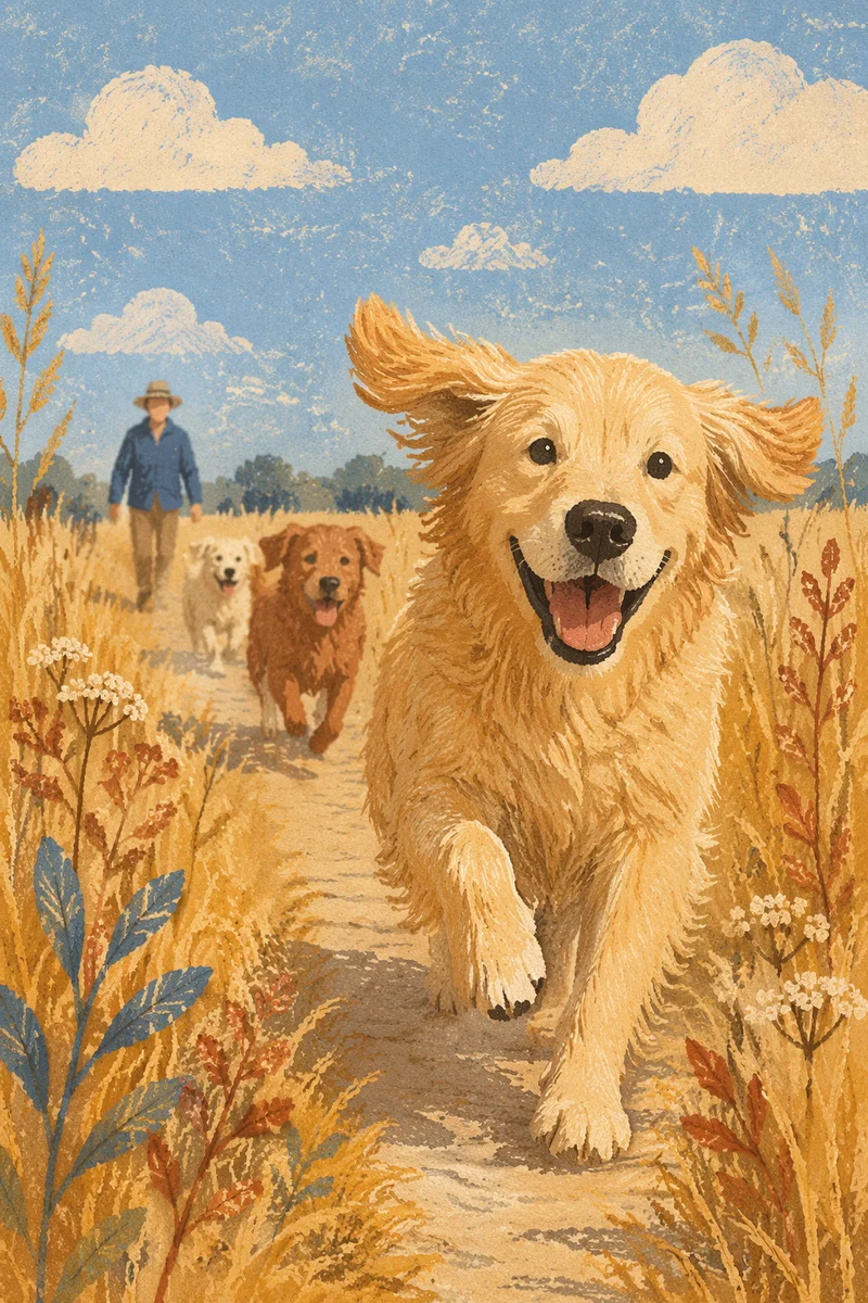 Happy Golden Retriever in Prairie Field