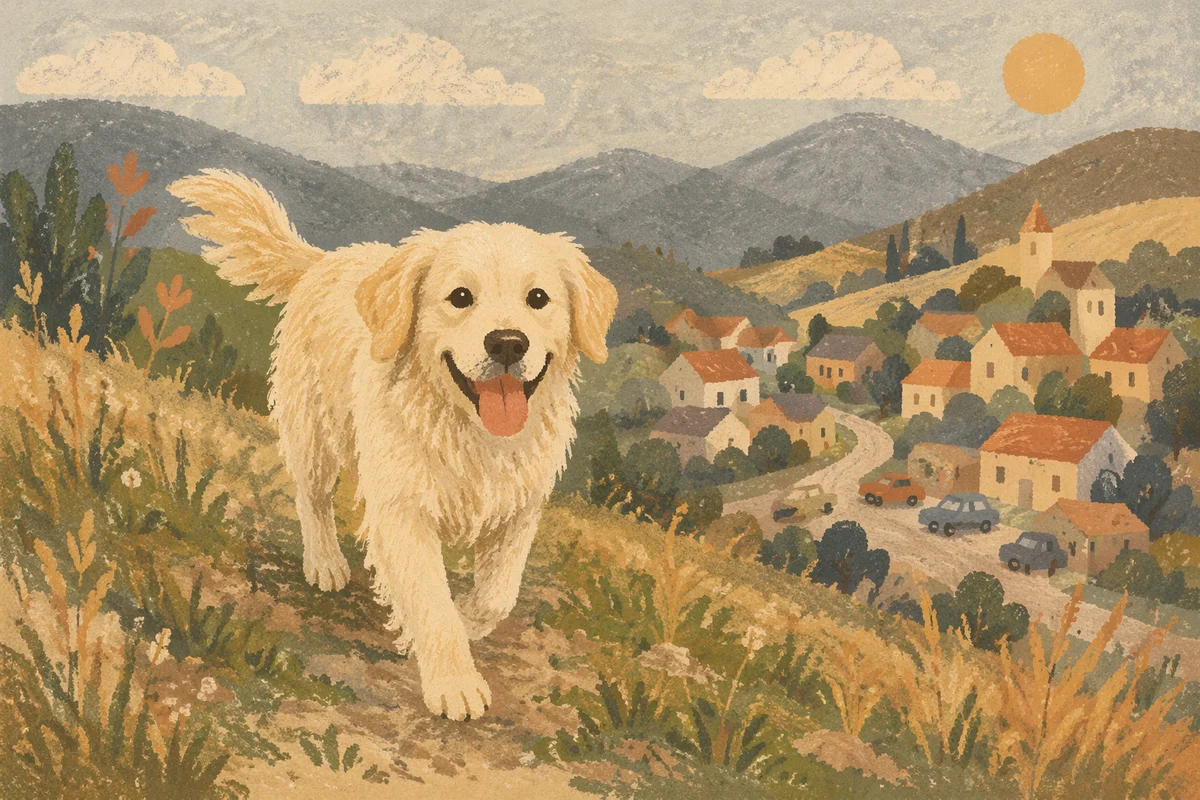 Happy Golden Retriever on Sunny Hillside