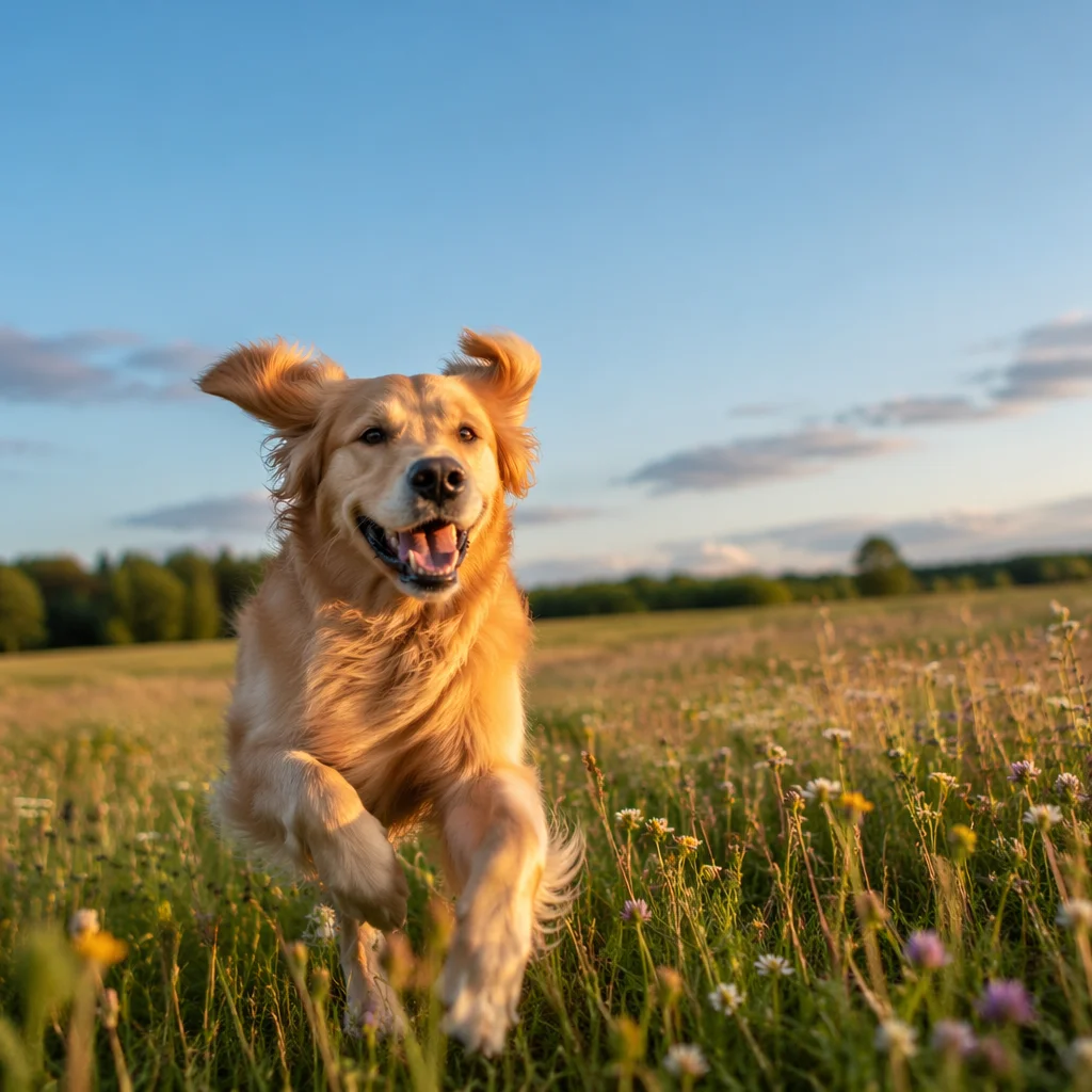 Happy Golden Retriever Running Through Summer Meadow