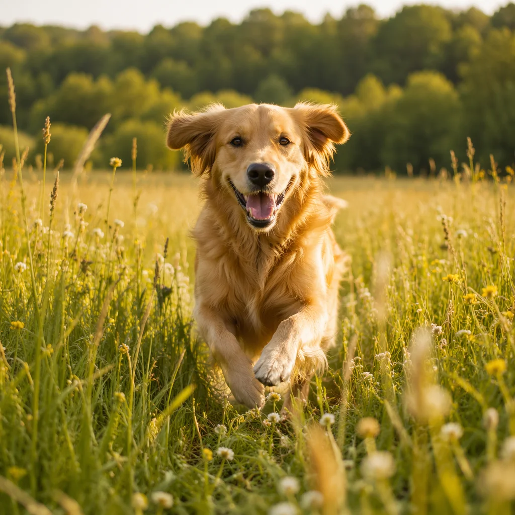 Happy Golden Retriever Running Through Summer Meadow