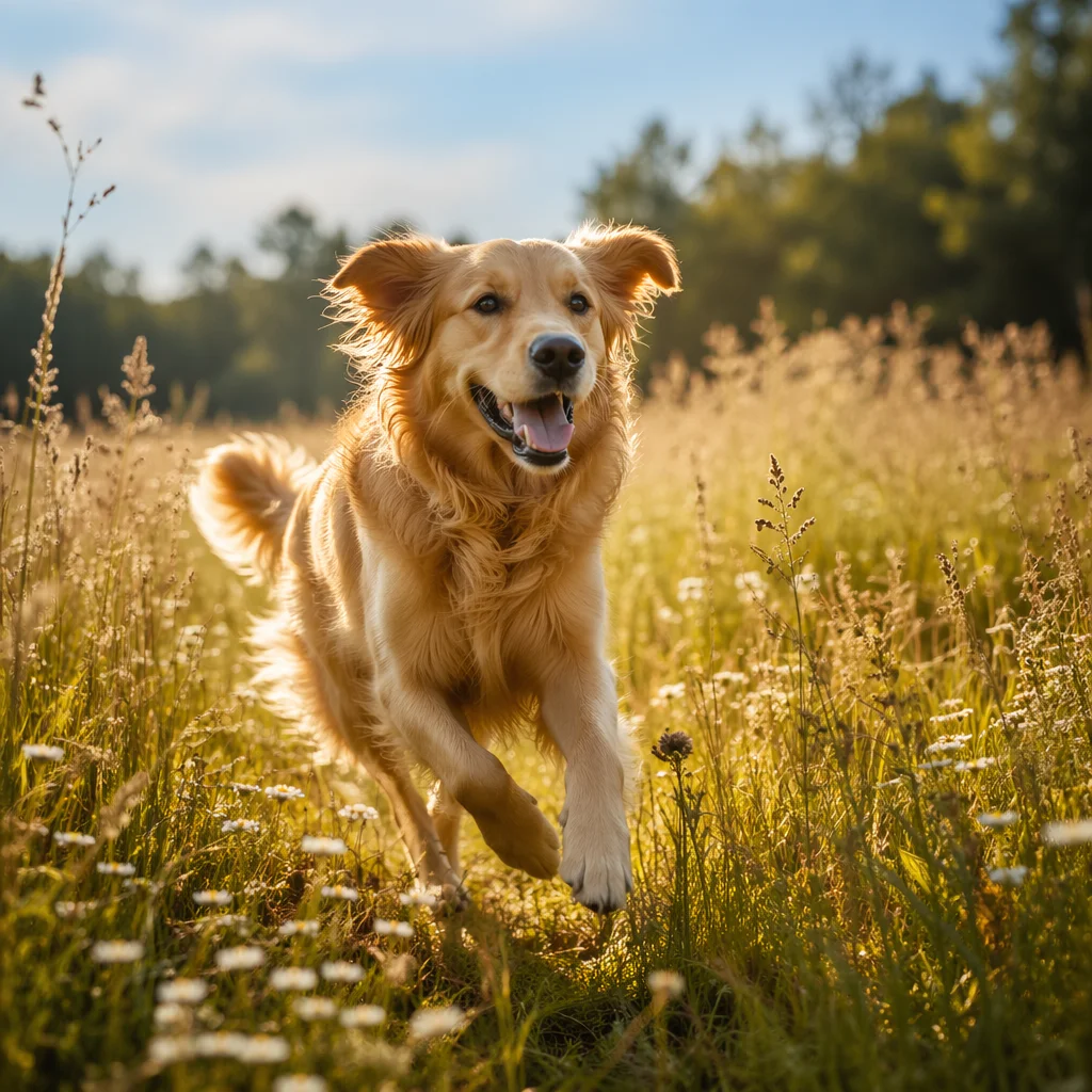 Happy Golden Retriever in Sunlit Meadow