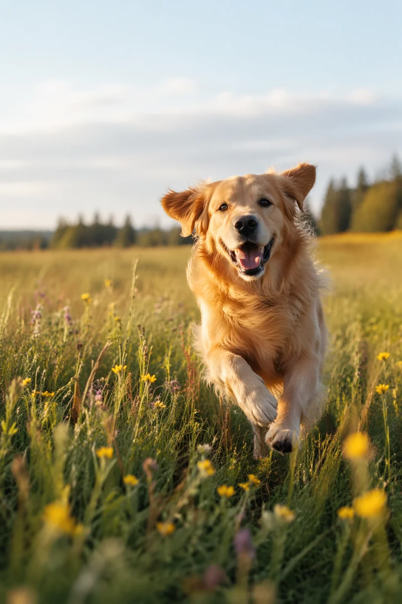 Happy Golden Retriever Running Through Meadow