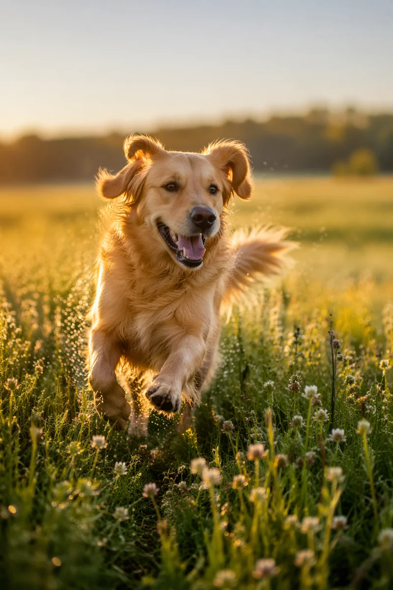 Happy Golden Retriever Running Through Meadow