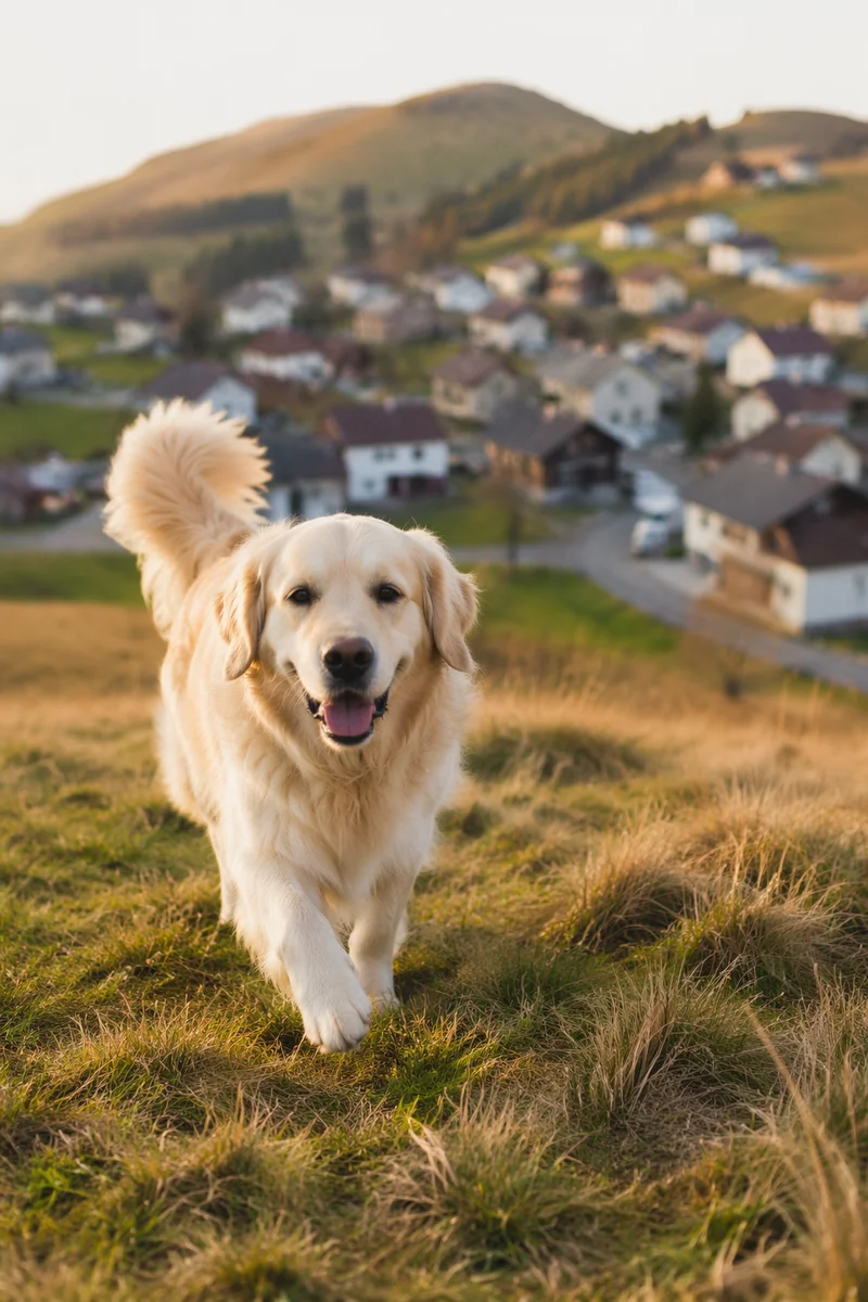 Happy Golden Retriever on Grassy Hillside