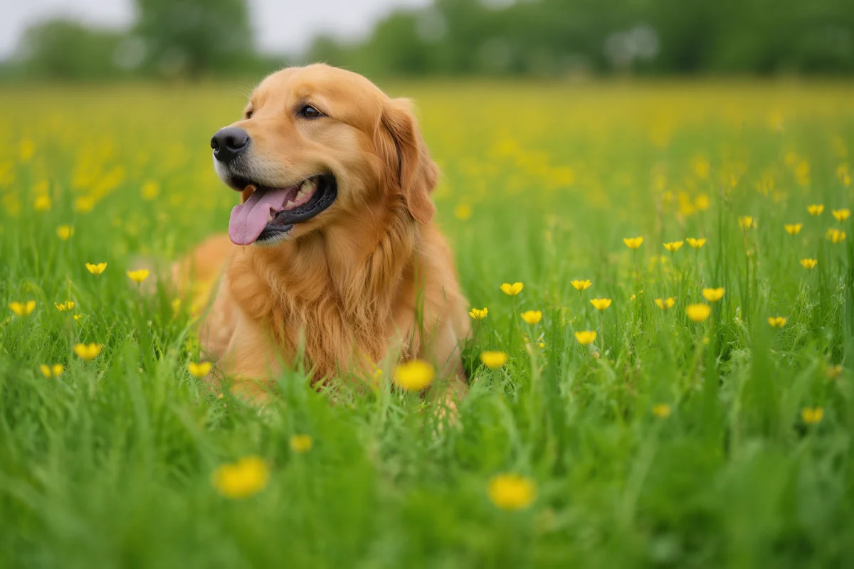 Happy Golden Retriever in Spring Meadow