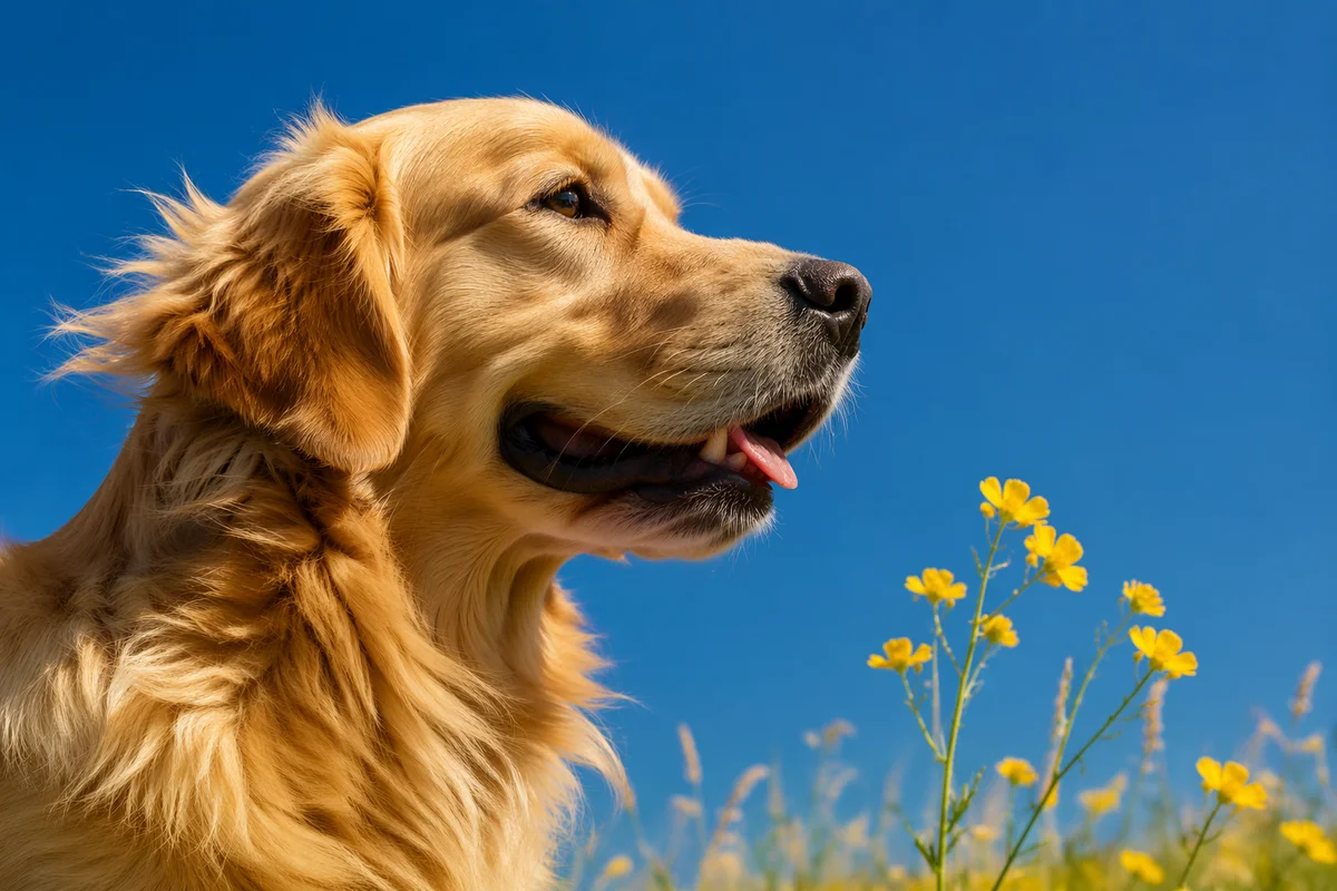 Happy Golden Retriever in Wildflower Field