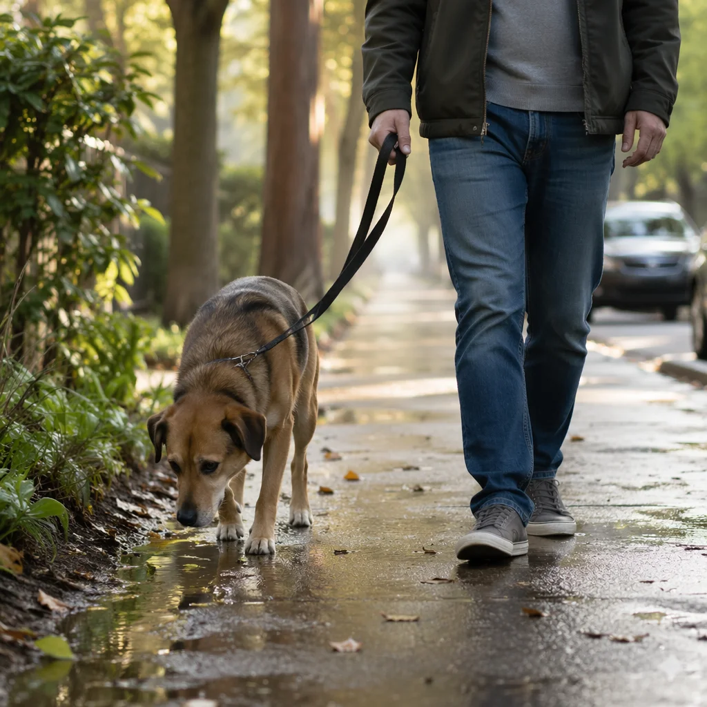 Calm Dog Walk on Rainy Sidewalk