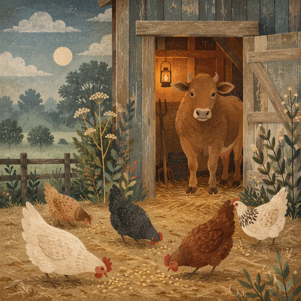 Cow and Chickens at Dawn Barn