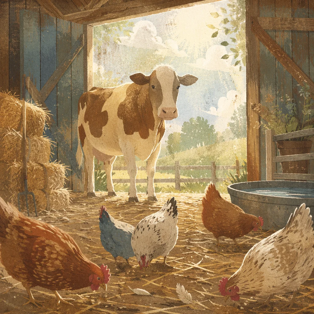 Peaceful Farm Barn with Cow and Chickens