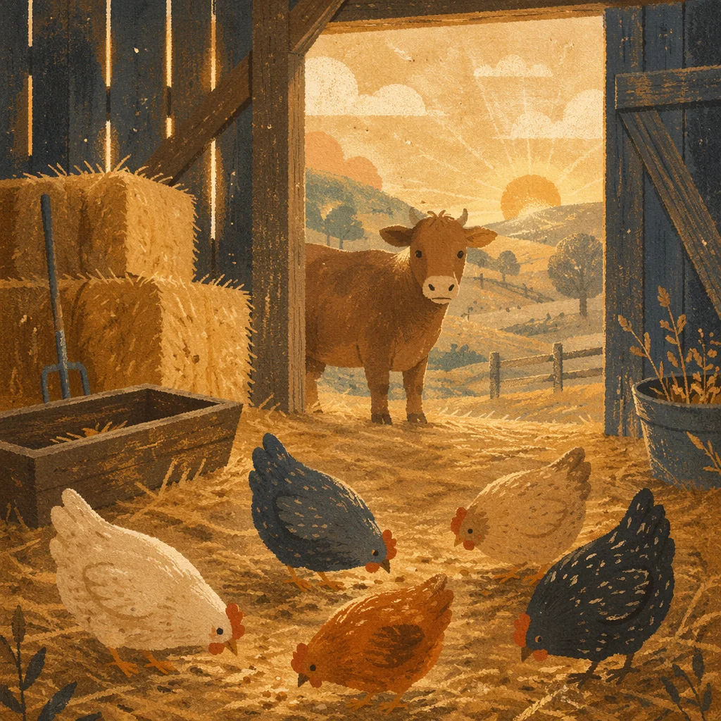 Peaceful Barn Morning with Cow and Chickens
