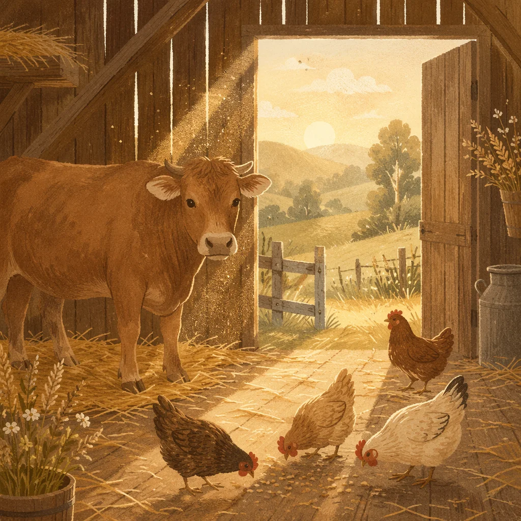 Peaceful Barn Morning with Cow and Chickens