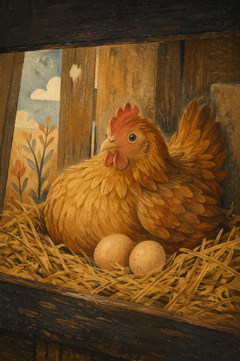 Golden Hen in Rustic Barn Nest