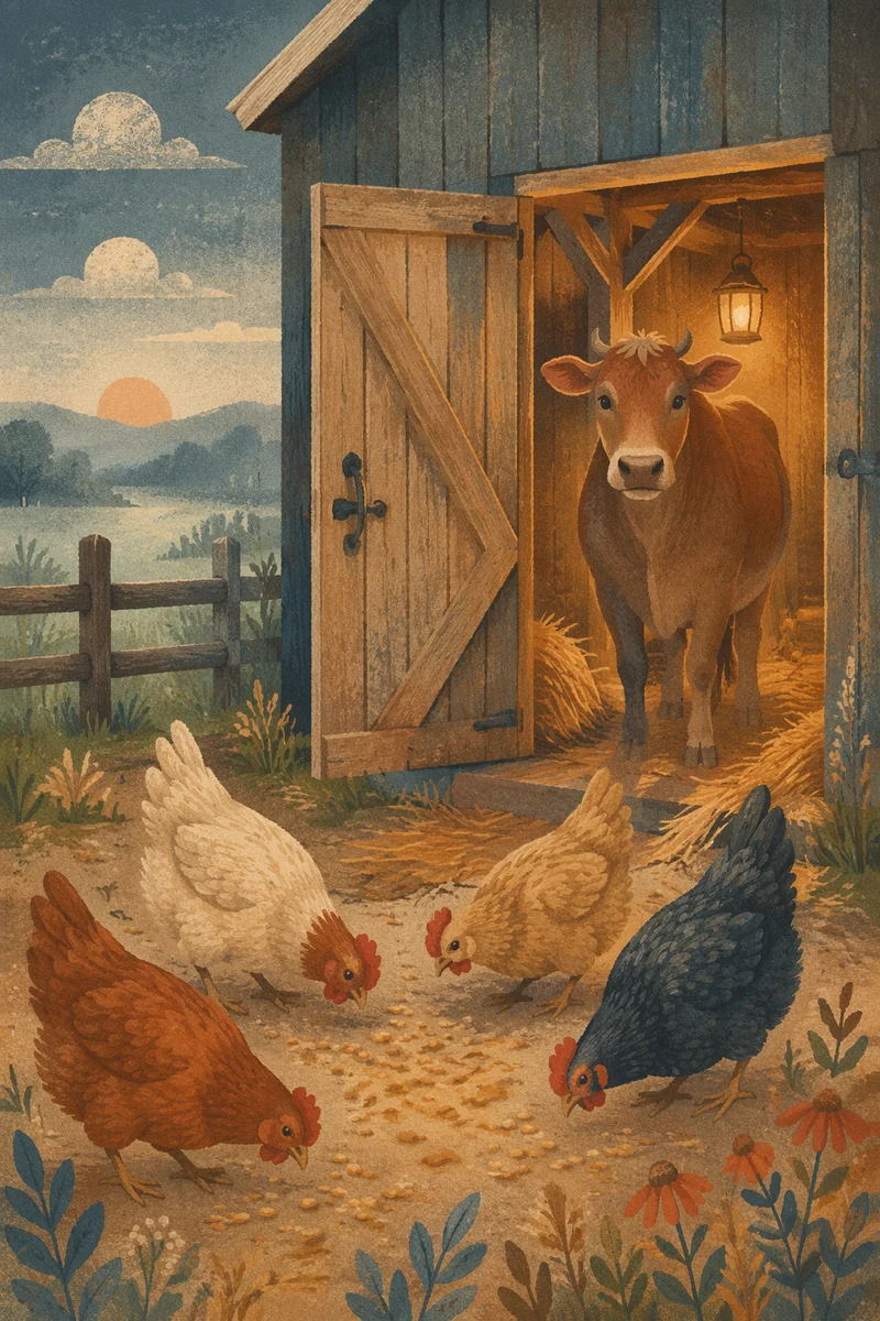 Cow and Chickens at Dawn Barn
