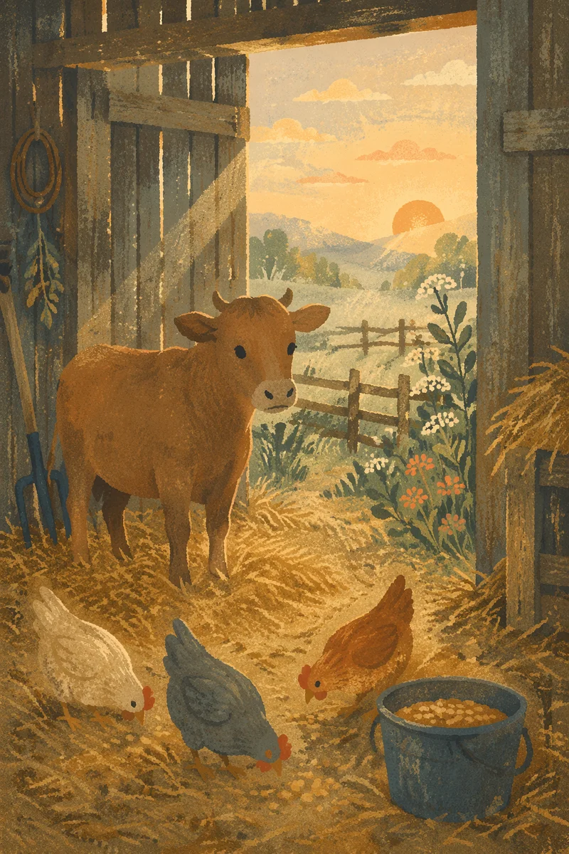 Peaceful Barn Morning with Cow and Chickens