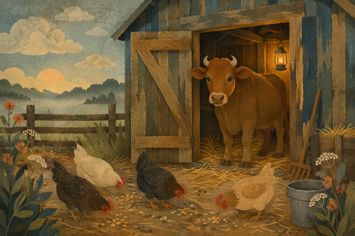 Cow and Chickens at Dawn Barn