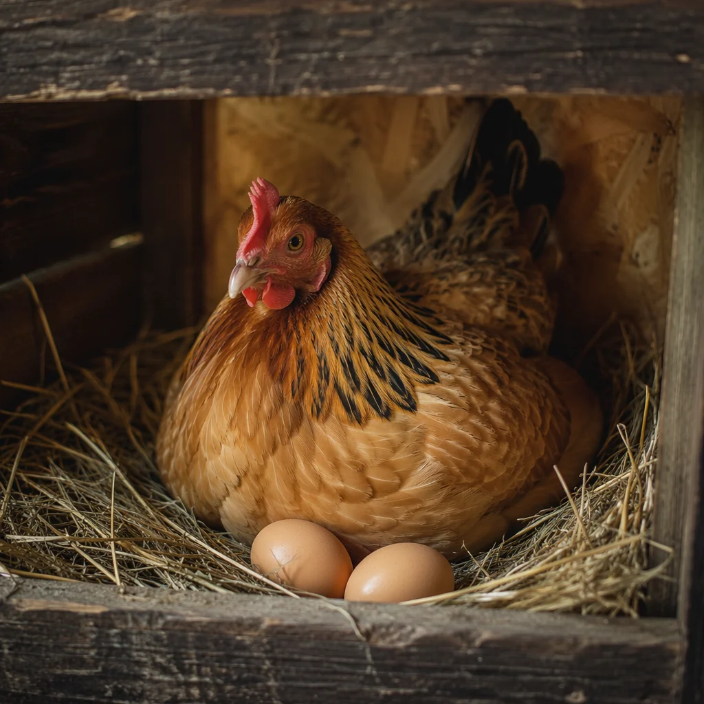 Golden Hen Resting in Rustic Barn