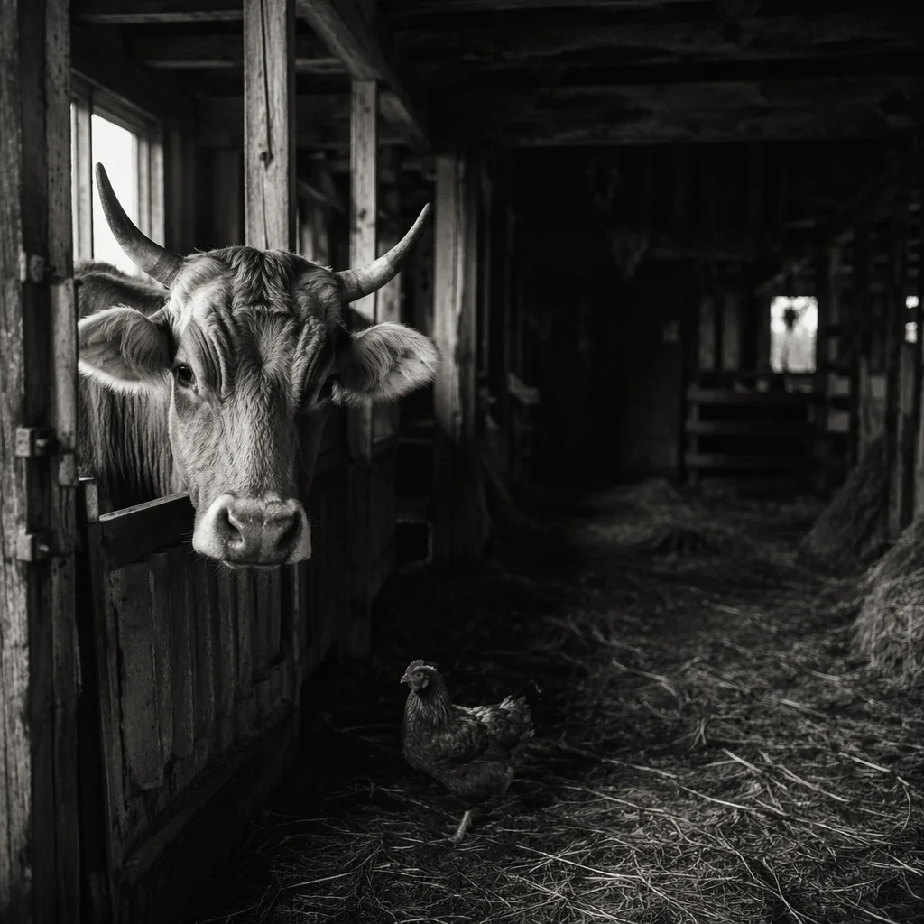 Moody Barn Cow and Chicken Scene