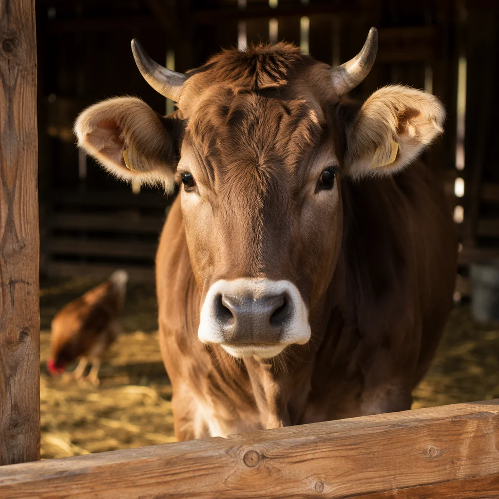 Gentle Brown Cow in Rustic Barn
