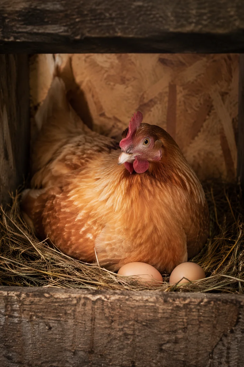 Golden Hen in Rustic Barn Nest