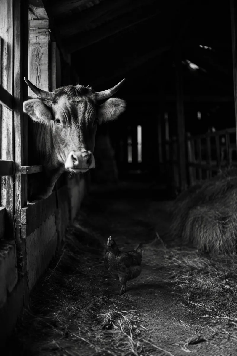 Moody Rural Barn With Cow and Chicken