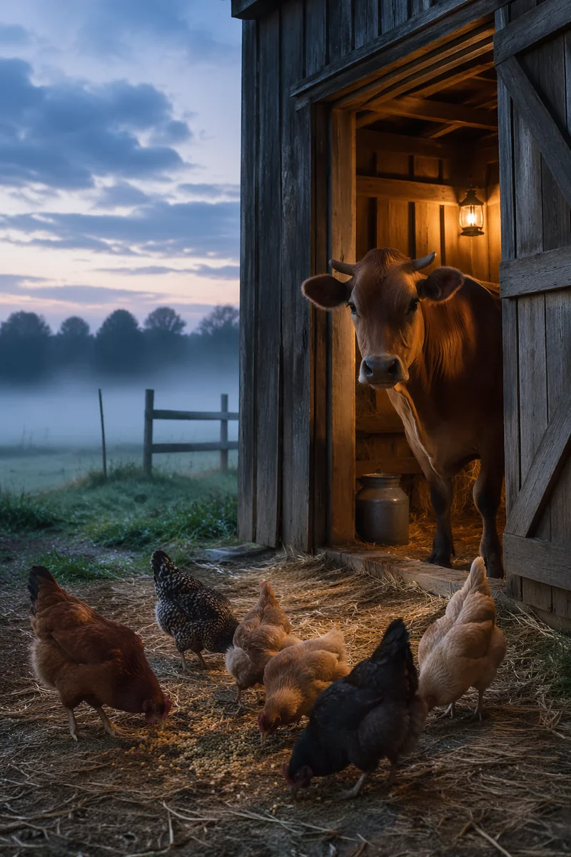 Cow and Chickens at Dawn Barn
