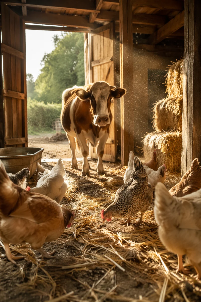 Golden Hour Barn Cow and Chickens