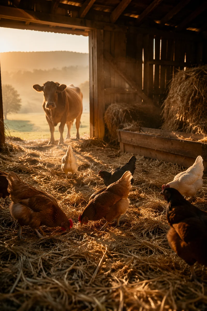 Peaceful Barn Morning with Cow and Chickens