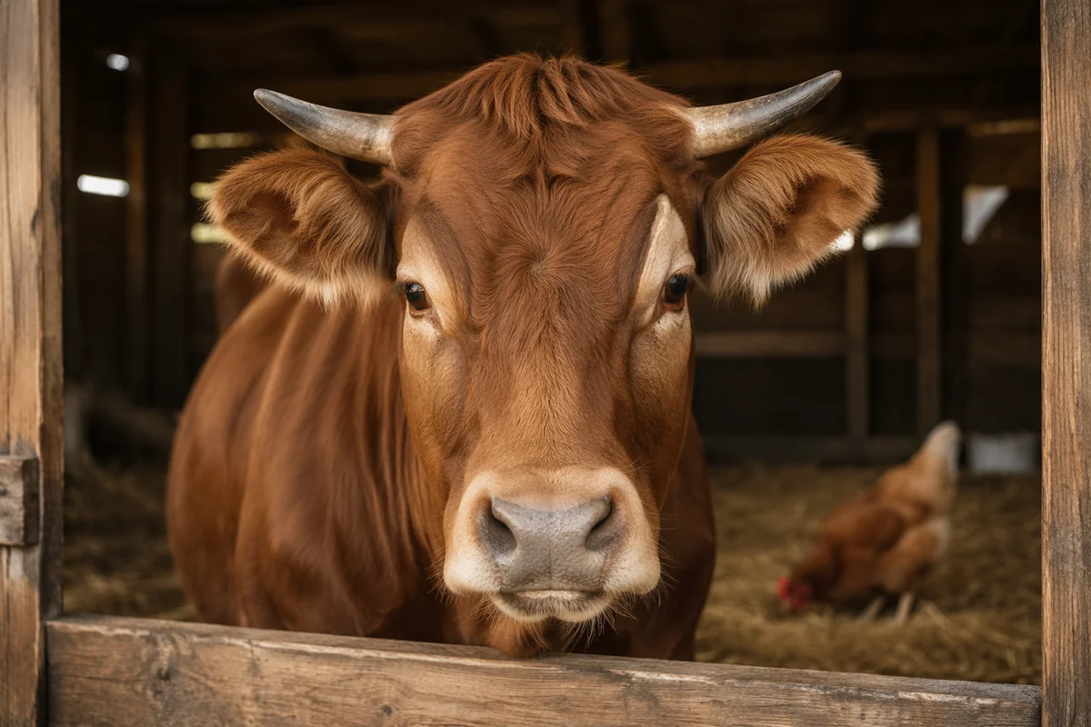 Gentle Brown Cow in Rustic Barn
