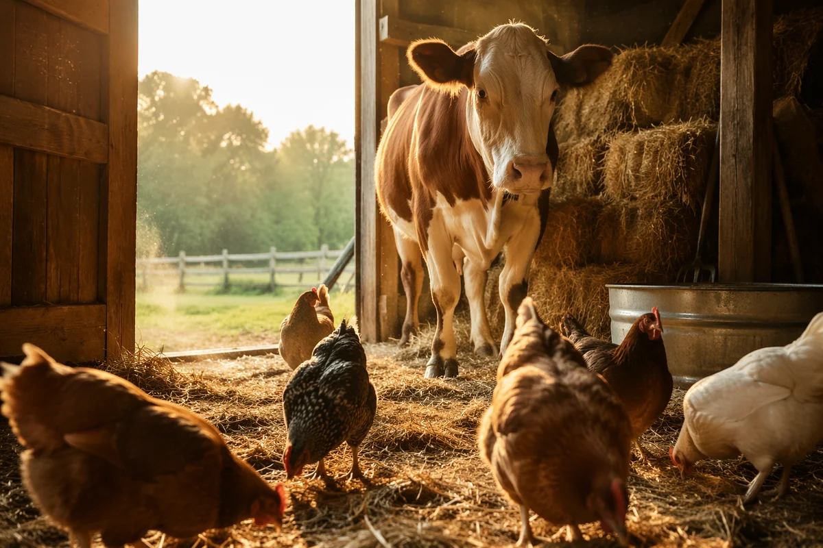 Golden Hour Barn Cow and Chickens