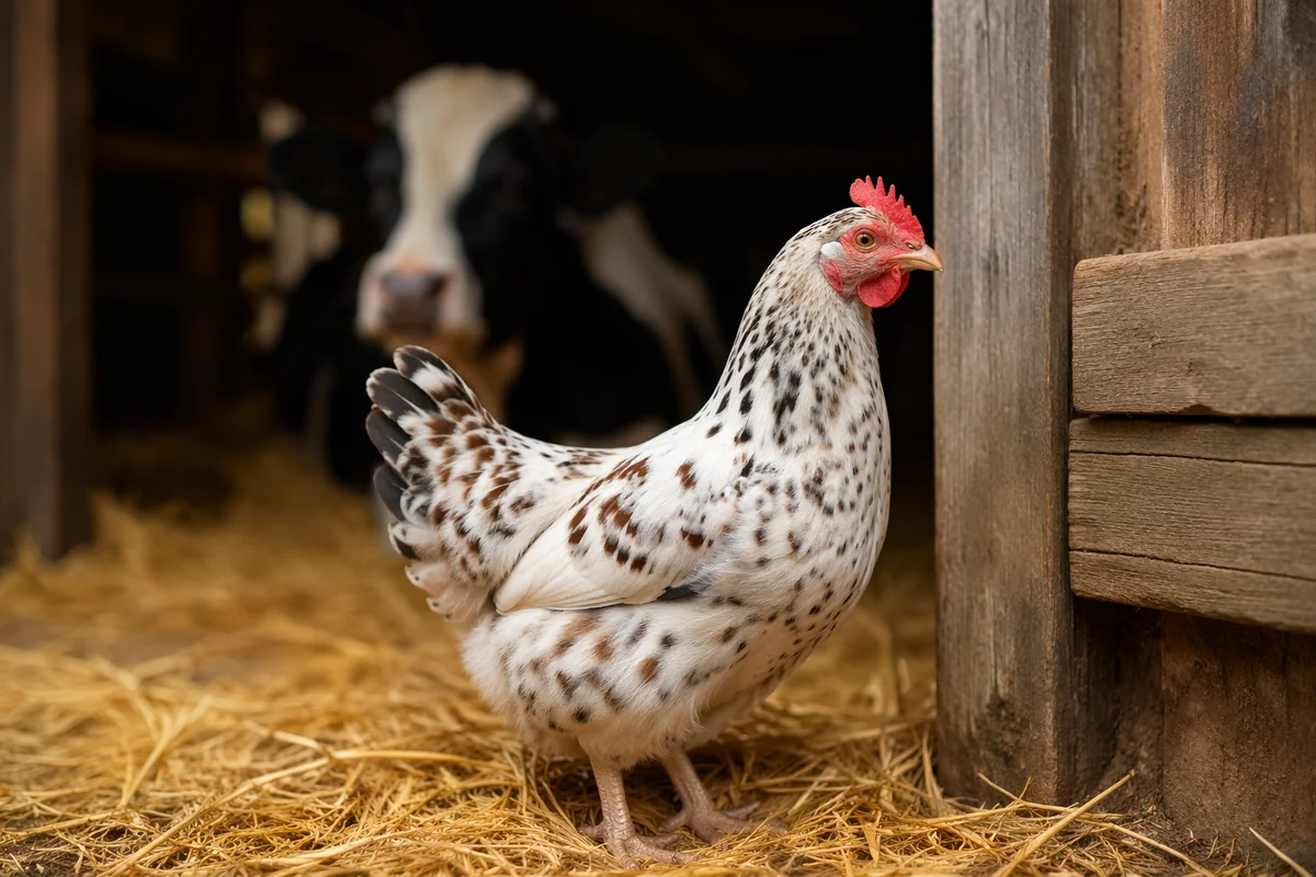 Photorealistic Chicken and Cow Barn Scene