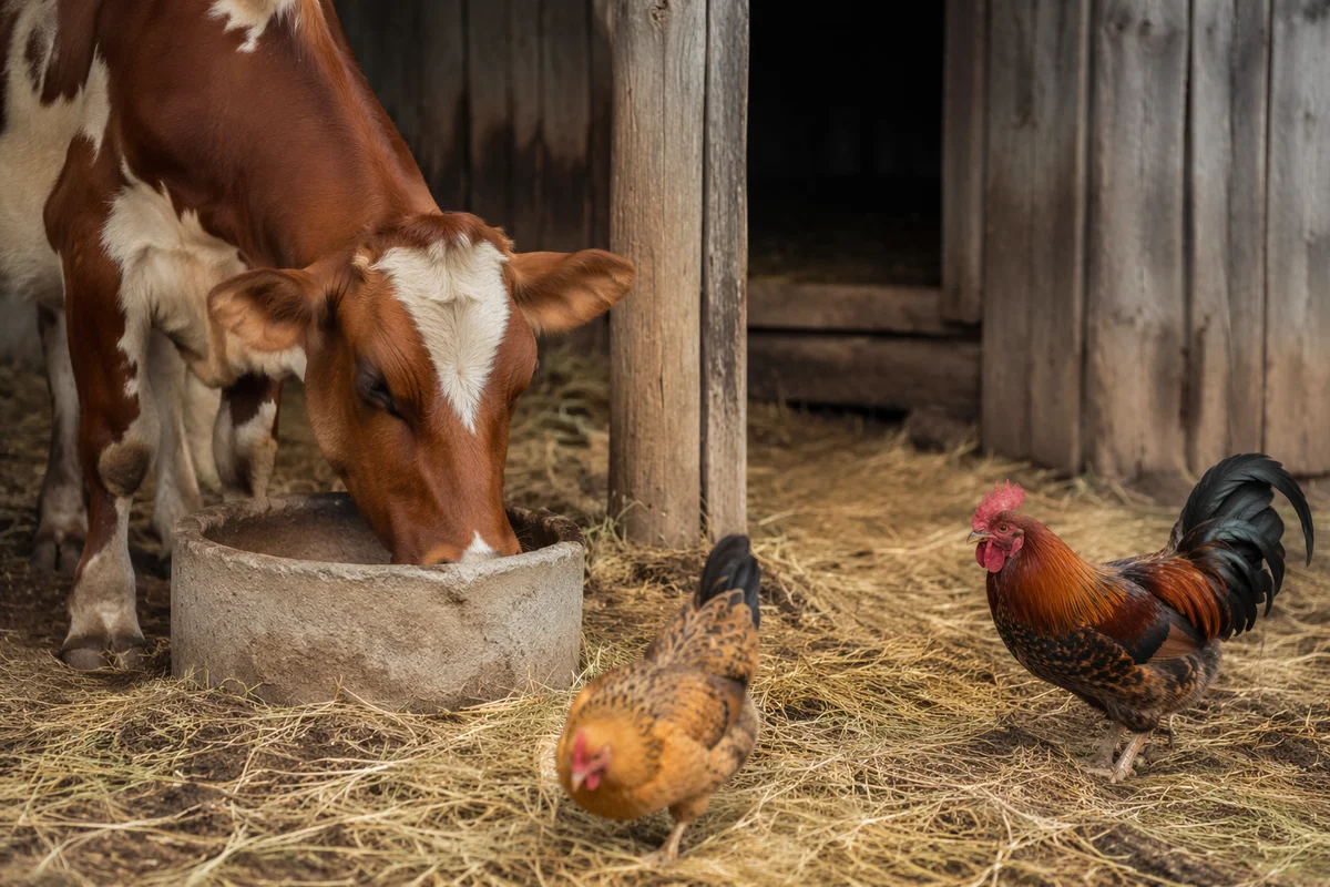 Cow and Bantam Chickens in Rustic Barn