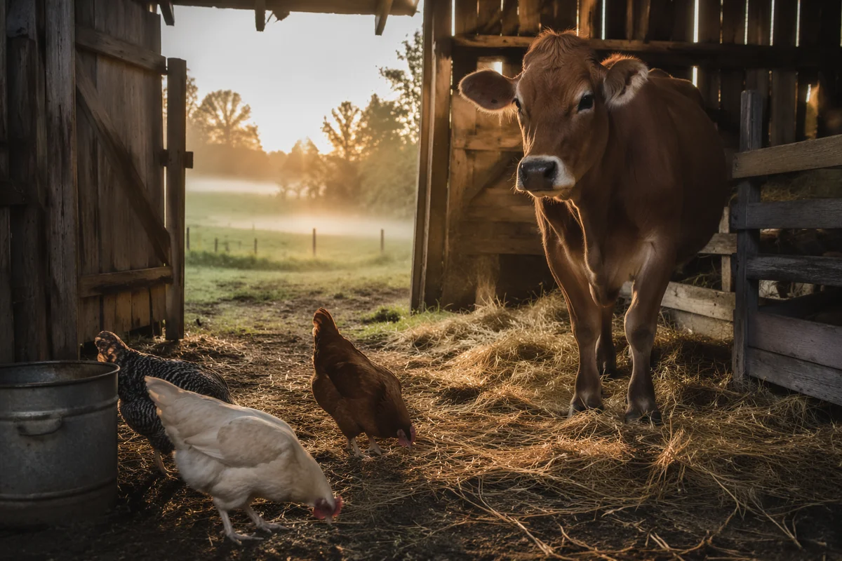 Peaceful Morning Barn With Cow and Chickens
