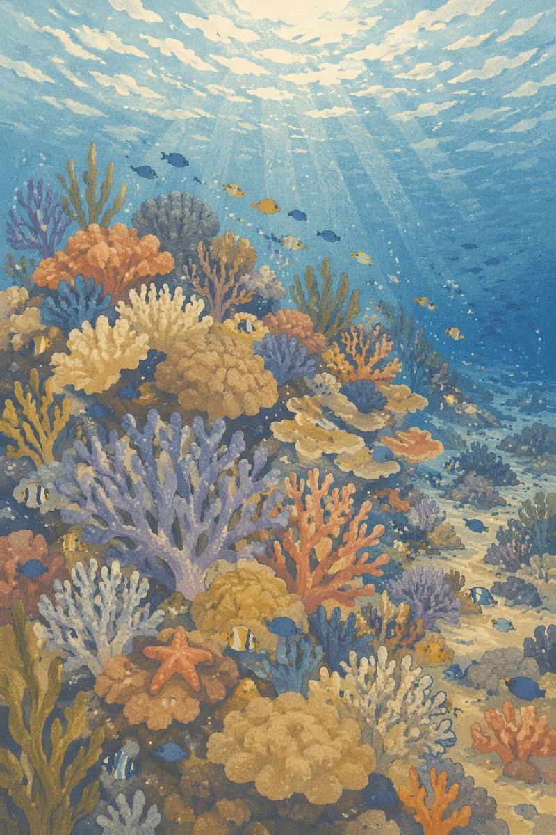 Sunlit Tropical Reef with Colorful Fish