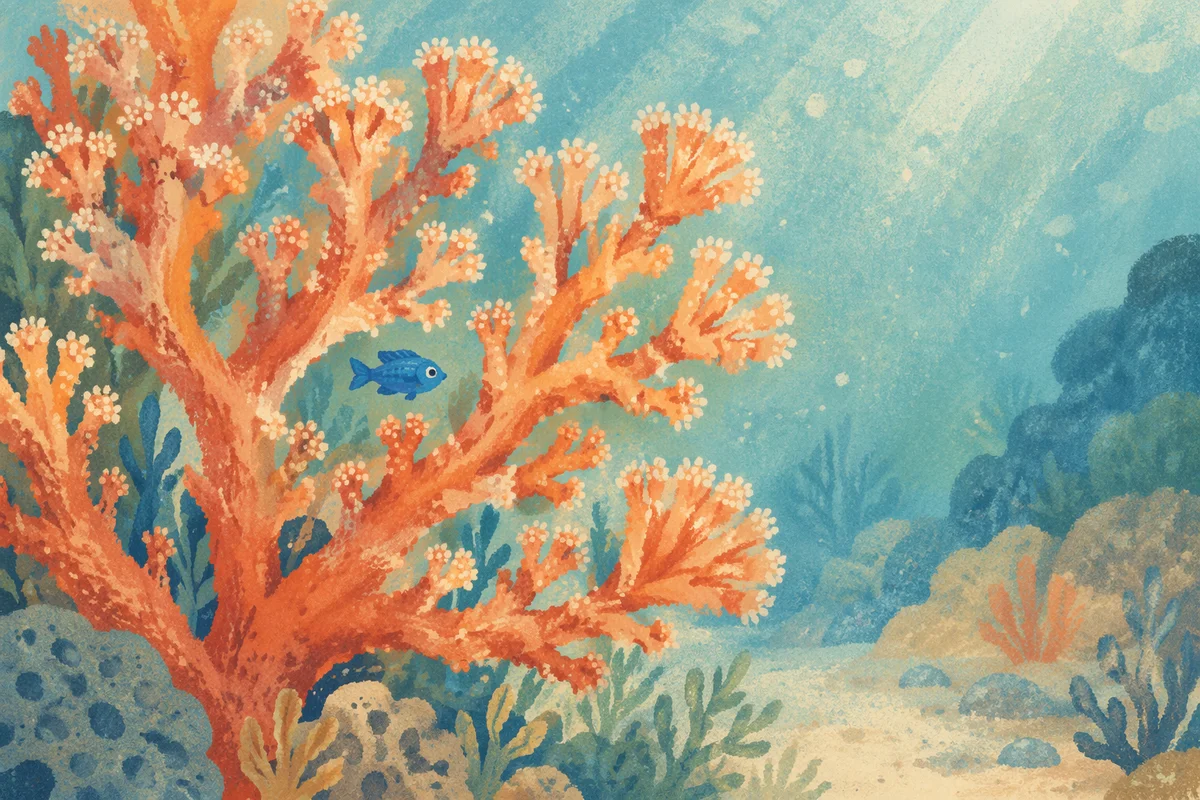 Orange Coral and Blue Reef Fish Underwater
