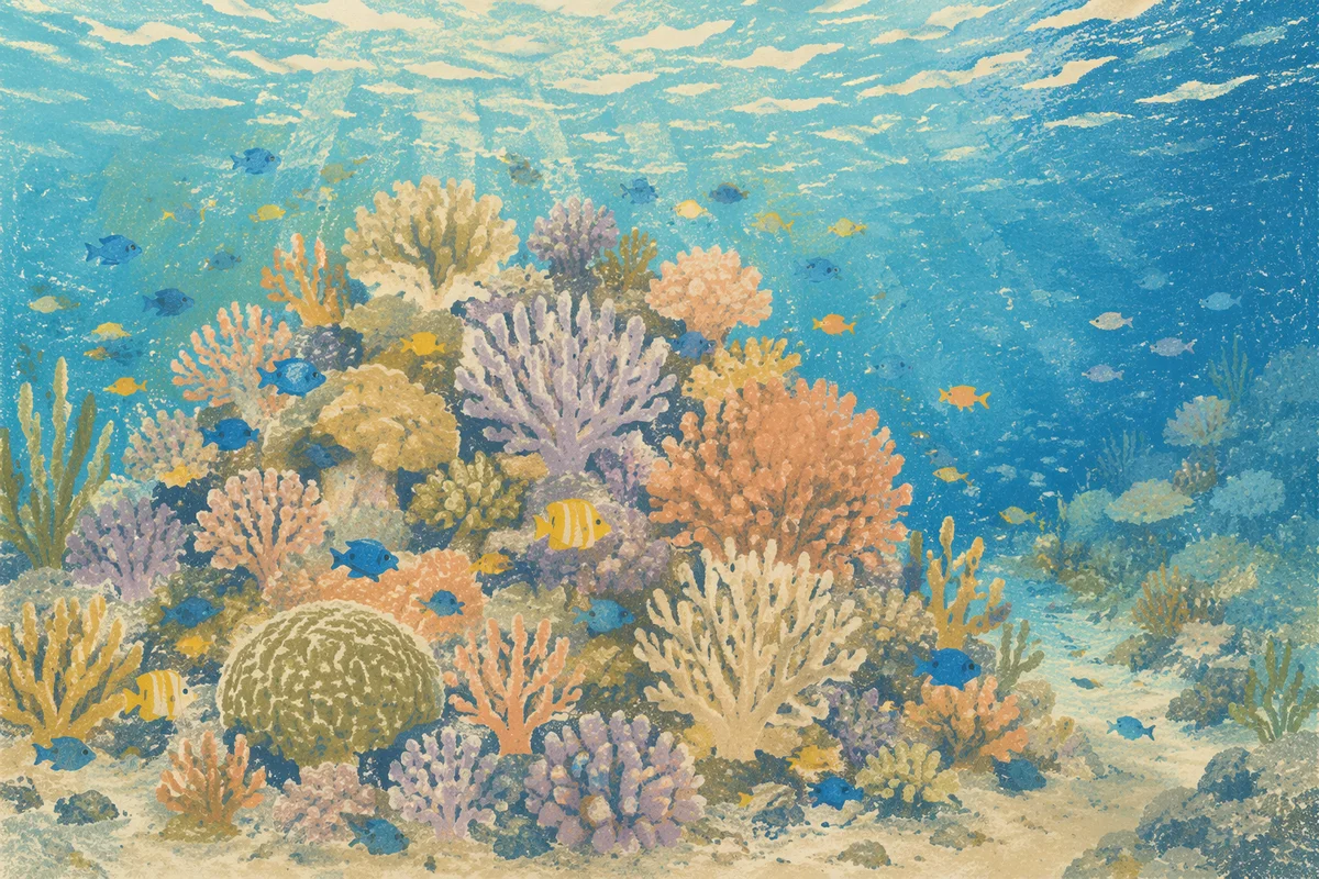 Sunlit Tropical Coral Reef With Fish