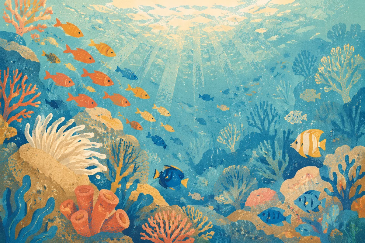 Tropical Fish in Sunlit Coral Reef