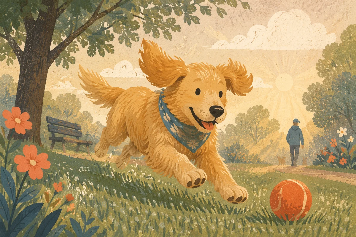 Joyful Golden Retriever Chasing Ball at Sunrise