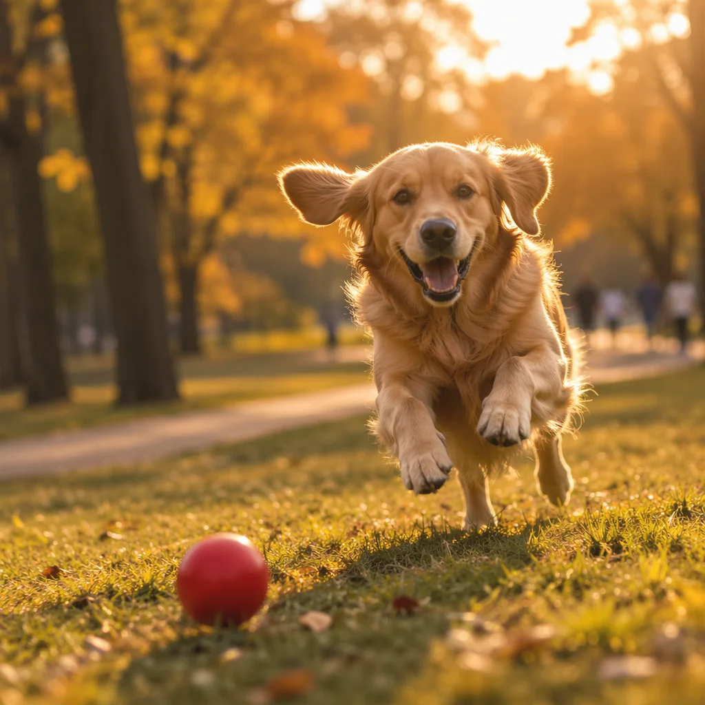 Joyful Golden Retriever Chasing Ball at Sunset